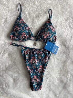 Women’s Teal Floral Triangle Bikini - Teal with Pink Floral Print